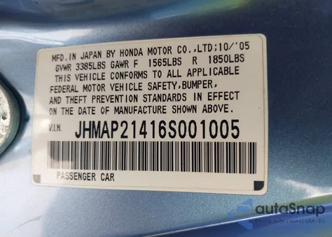 2006 Honda S2000 z USA, uszkodzony, nr VIN JHMAP21416S001005